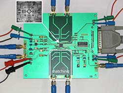 Scheda di test,  visibile la rete di matching di uscita,  riportata anche la microfotografia del chip con i quattro oscillatori accoppiati.