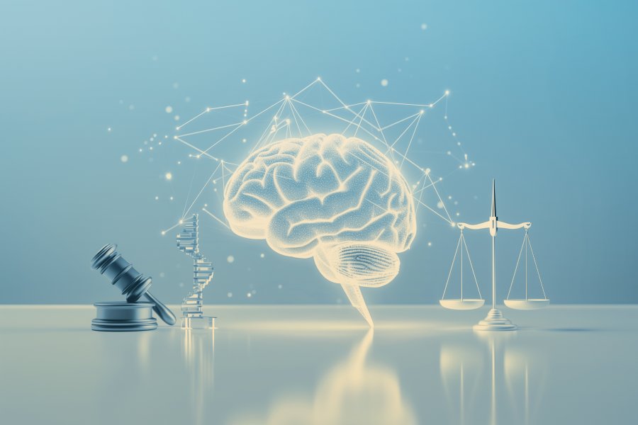 Digital illustration with a stylized brain in the center, surrounded by a network of glowing connections. On the left are a gavel and a DNA double helix, and on the right is a scale of justice. The background is light and minimalist. Digital illustration with a stylized brain in the center, surrounded by a network of glowing connections. On the left are a gavel and a DNA double helix, and on the right is a scale of justice. The background is light and minimalist.