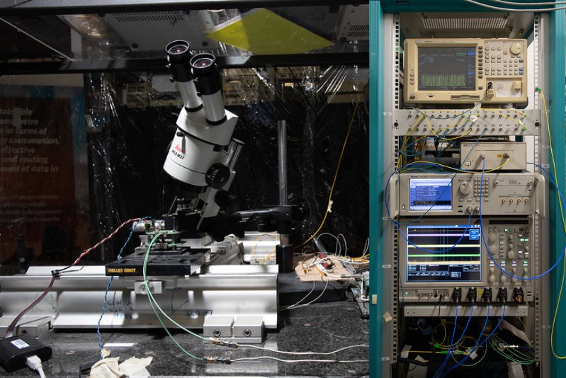 Test equipment including up to 100-GS/s realtime oscilloscope, DACs up to 100 GS/s, optical and spectrum analyzer and on the left RF probing facilities for optical chip level testing. Test equipment including up to 100-GS/s realtime oscilloscope, DACs up to 100 GS/s, optical and spectrum analyzer and on the left RF probing facilities for optical chip level testing.