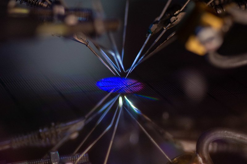 Electrical measuring needles of a semiconductor device in a probe station.