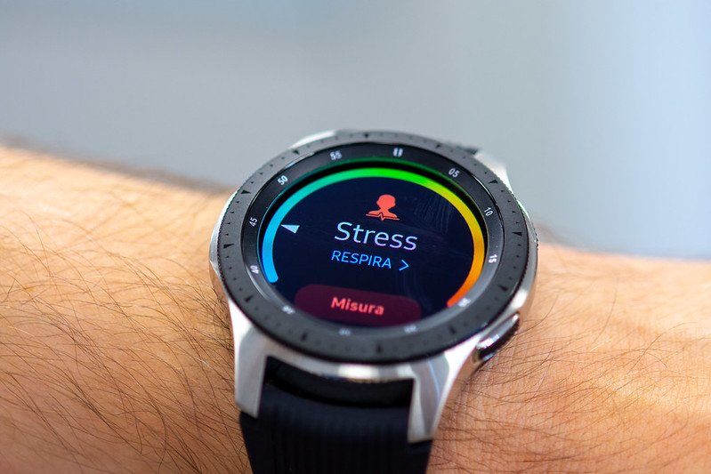 Smartwatch equipped with photoplethysmographic sensor (PPG) for heart rate measurement, used for stress detection through heart variability analysis.