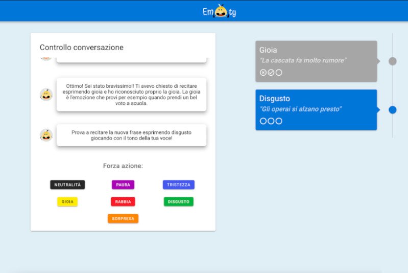 Emoty e' un agente conversazionale emotivo, in grado di riconoscere le emozioni dell'utente mediante l'analisi delle caratteristiche sonore e semantiche del parlato. Emoty utilizza tecniche avanzate di Deep Learning ed e' alla base delle applicazioni I3lab per il training delle persone con difficolta' di espressione o riconoscimento delle emozioni. Emoty e' un agente conversazionale emotivo, in grado di riconoscere le emozioni dell'utente mediante l'analisi delle caratteristiche sonore e semantiche del parlato. Emoty utilizza tecniche avanzate di Deep Learning ed e' alla base delle applicazioni I3lab per il training delle persone con difficolta' di espressione o riconoscimento delle emozioni.