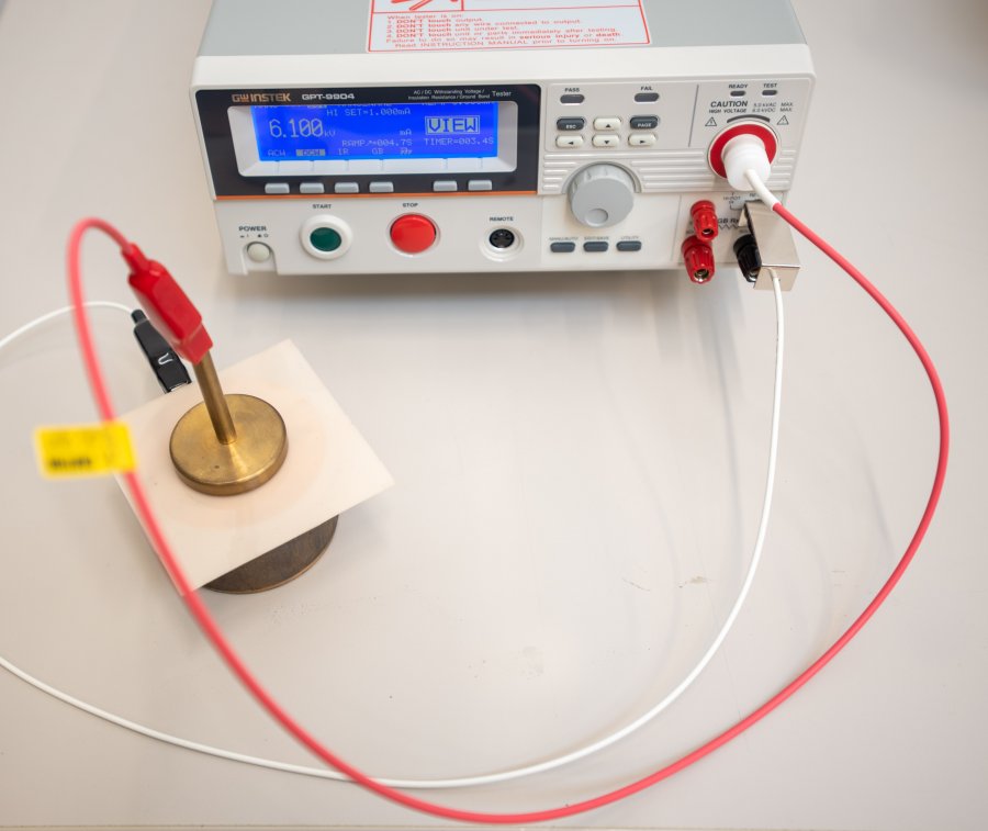 Instrumentation for measuring dielectric strength and direct and alternating current insulation.
