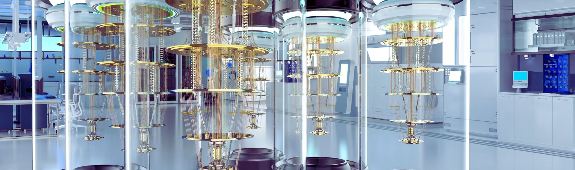 Rendering 3D di un gruppo di computer quantistici in capsule schermate in laboratorio.