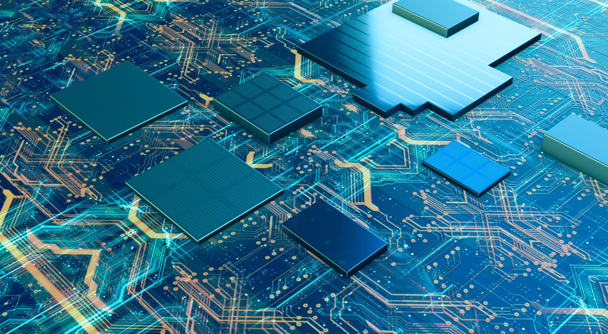 Un circuito integrato elettronico hi-tech, con diverse chip e tracce di circuito su una scheda.