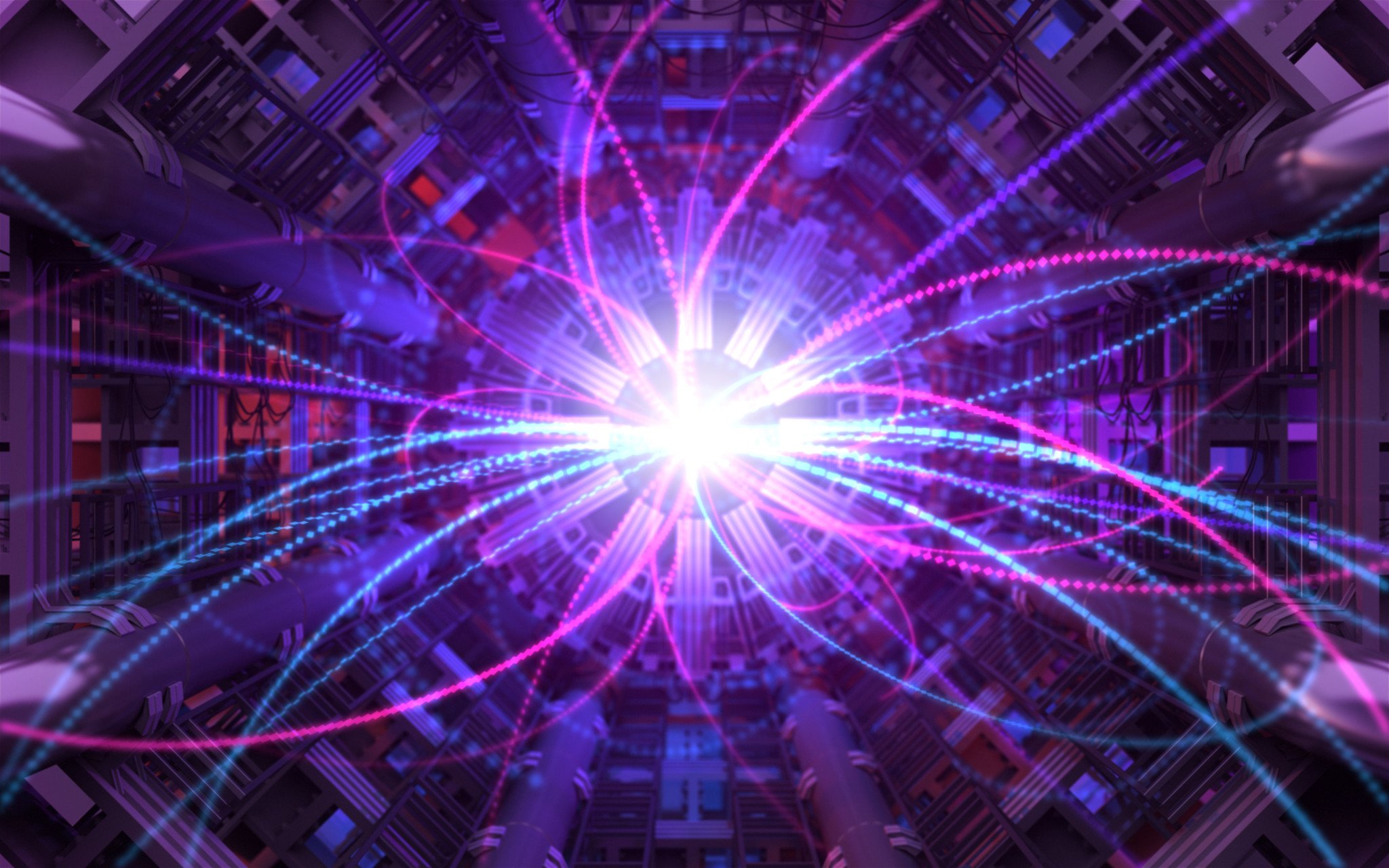 Futuristic image of a data center with bright light lines in shades of pink, blue, and purple emerging from a glowing core at the center, evoking concepts of advanced technology, data connections, and digital networks.
