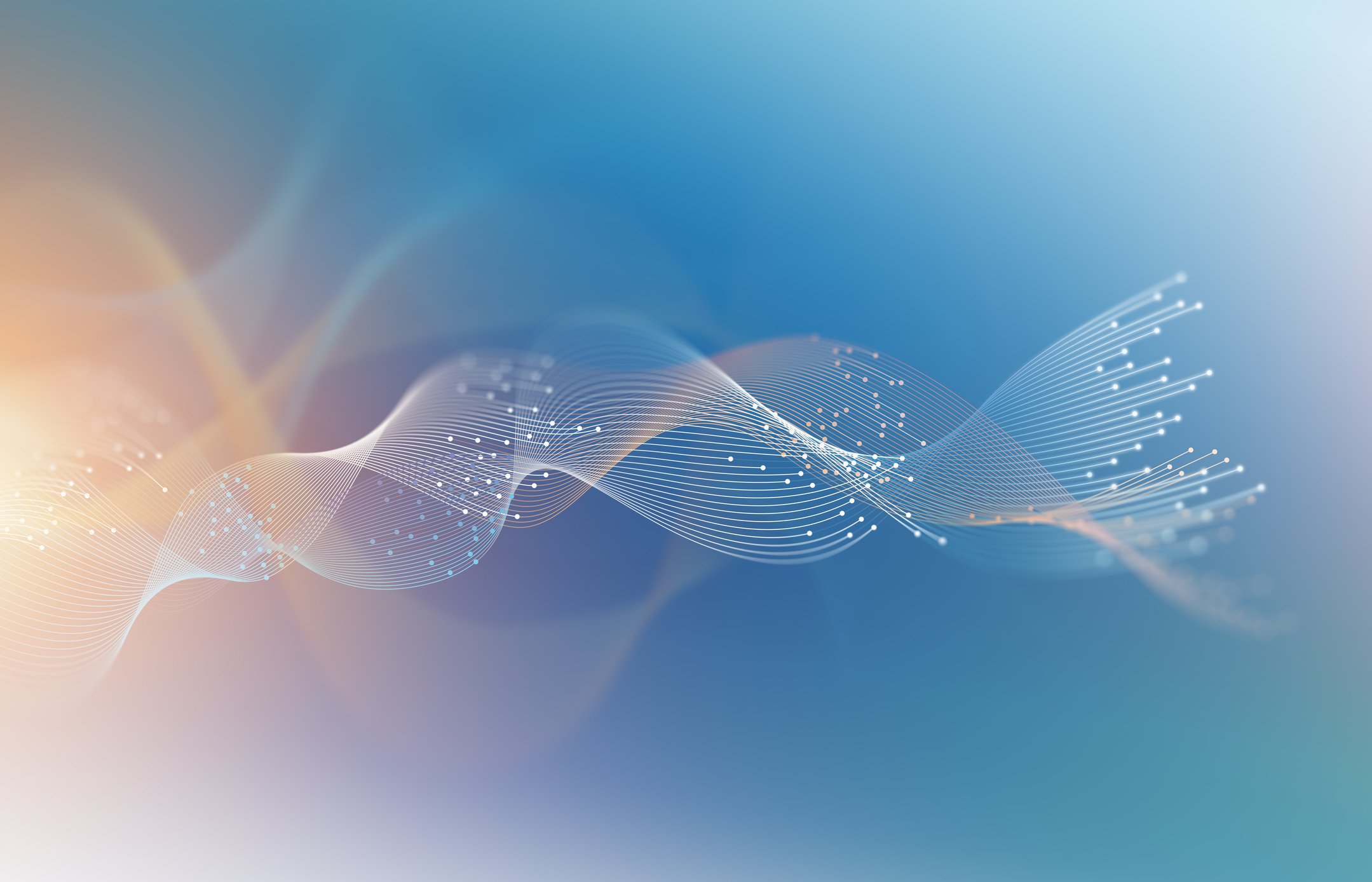 Un'illustrazione astratta di onde sonore o dati digitali, rappresentata con linee leggere e punti luminosi che si intrecciano su uno sfondo blu sfumato.